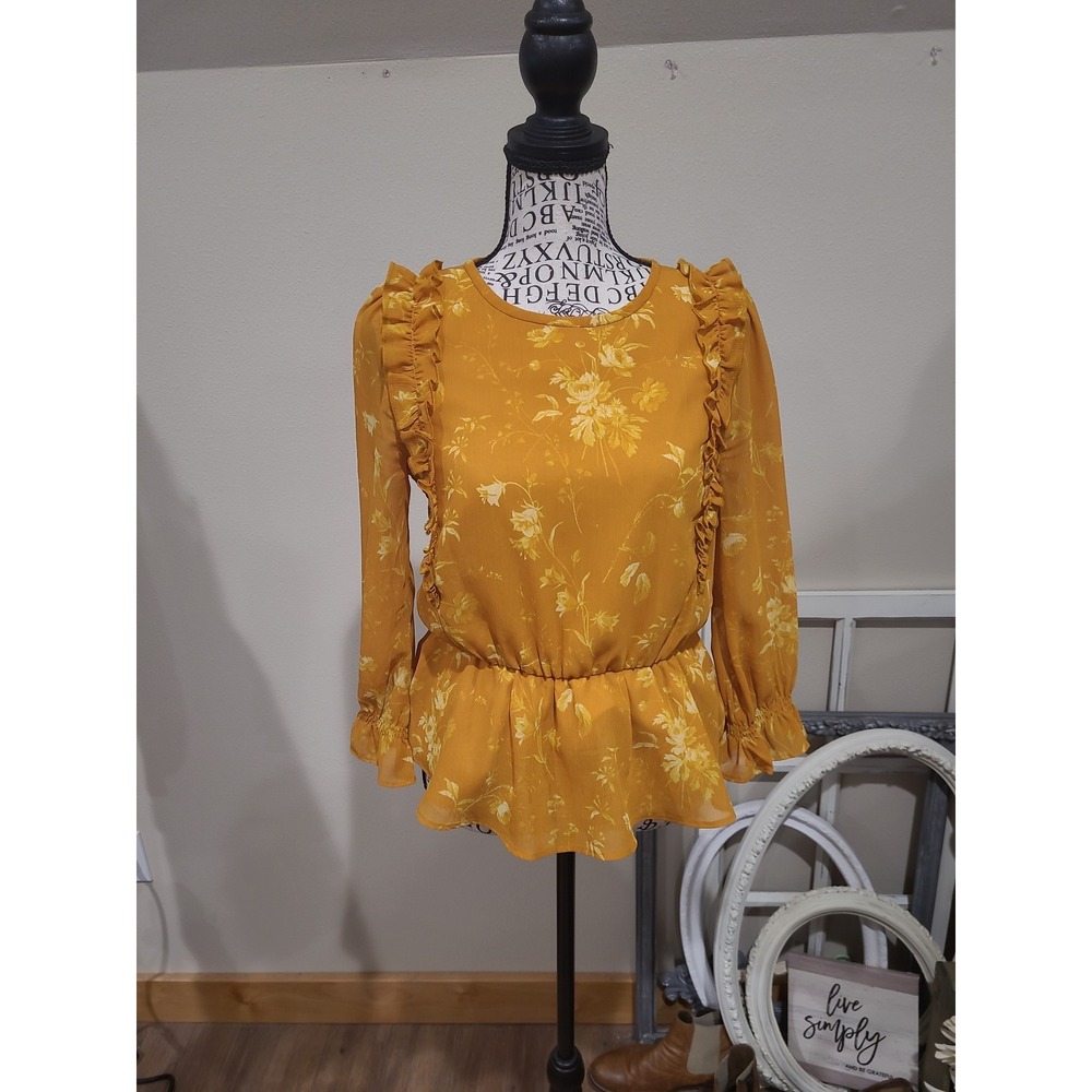 Madewell‎ Women's XS Boho Mustard floral blouse with peplum, ruffle trim office